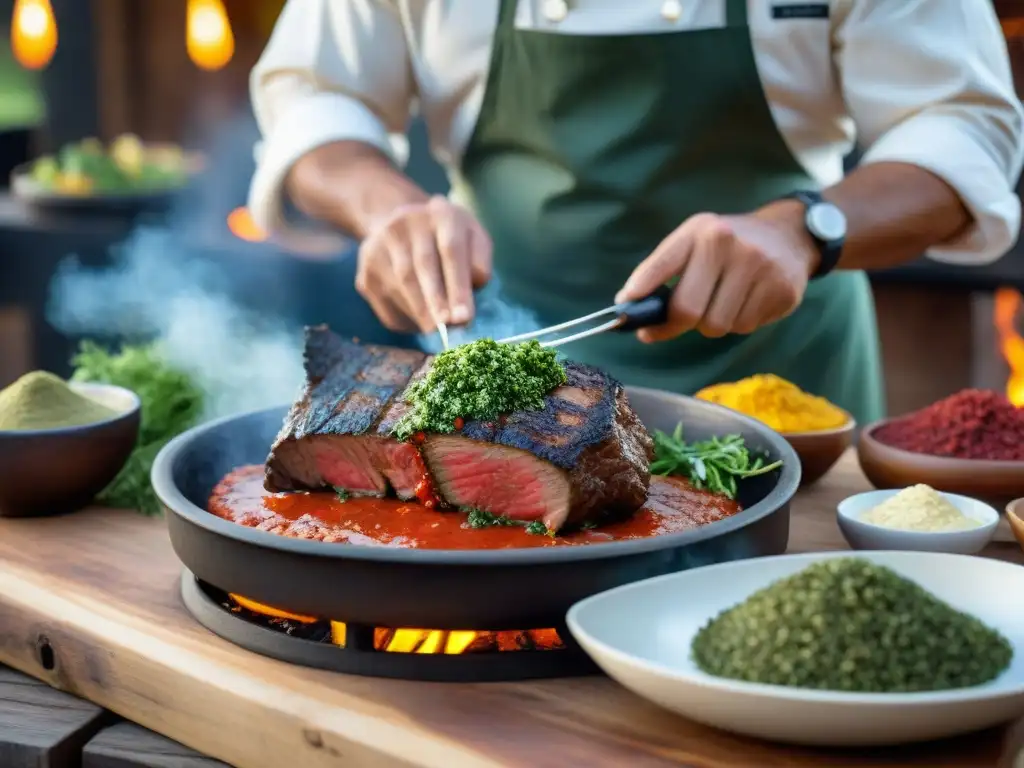 Una escena de asado uruguayo con salsas vibrantes y expertamente preparadas para un asado perfecto