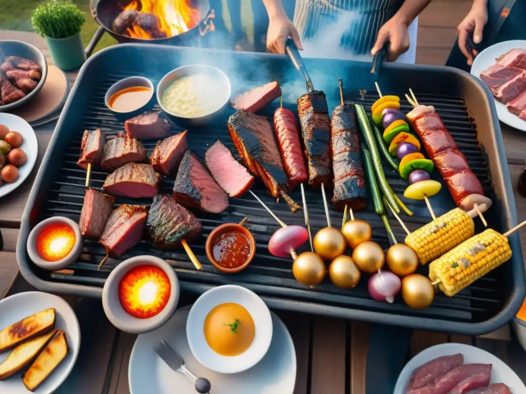 Escena de asado uruguayo con técnicas avanzadas, carnes y vegetales a la parrilla en ambiente festivo y cálido atardecer