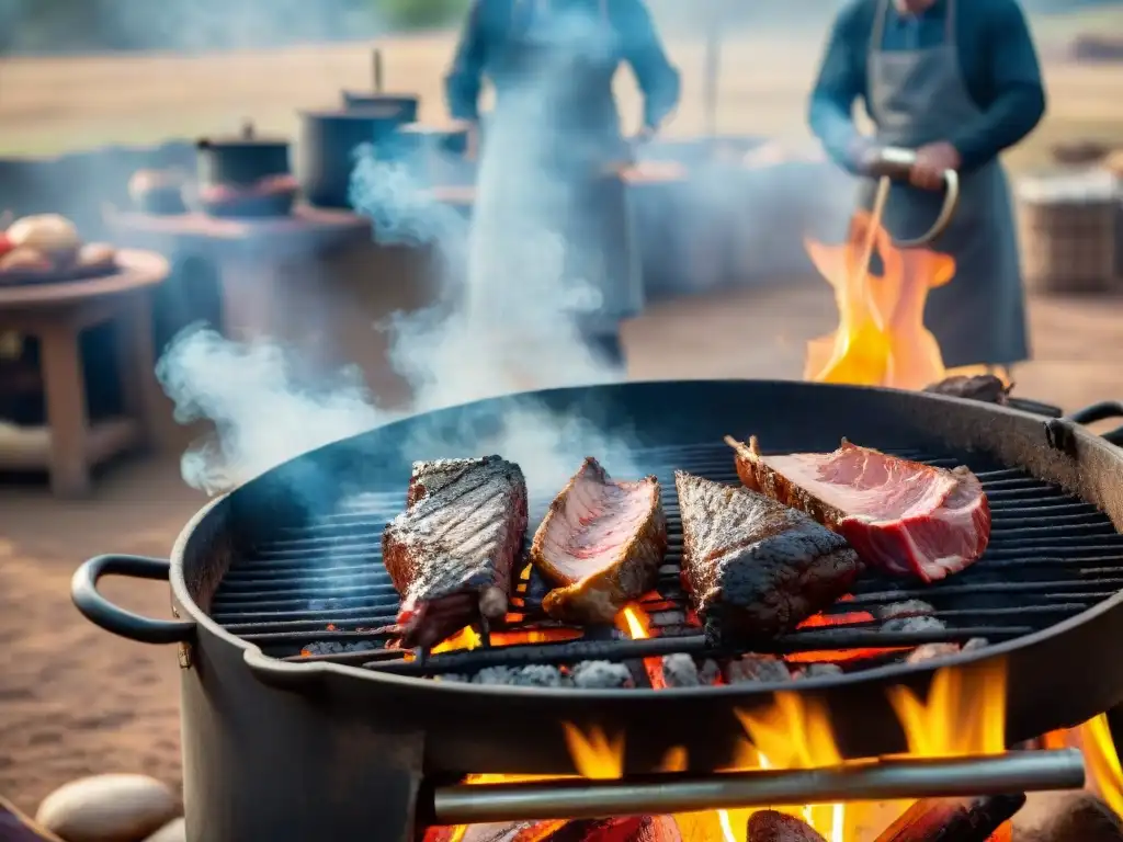 Escena de asado uruguayo con técnicas ancestrales de asado uruguayo: gauchos alrededor de la parrilla con carnes variadas sobre las brasas