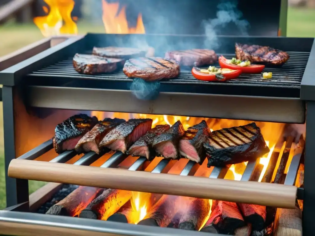 Escena de asado uruguayo con técnicas de asado uruguayo, brasas brillantes y carnes sizzling en la parrilla al aire libre