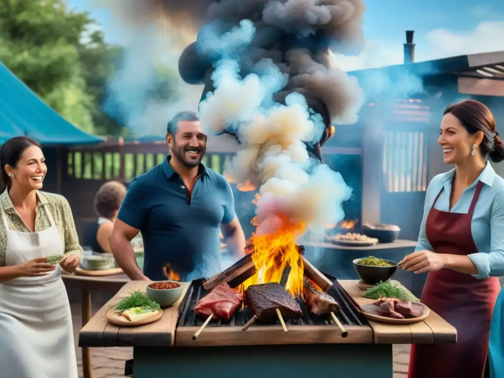 Una escena de asado uruguayo con técnicas innovadoras modernas, donde se reúnen personas alrededor de la parrilla de leña con cortes de carne variados