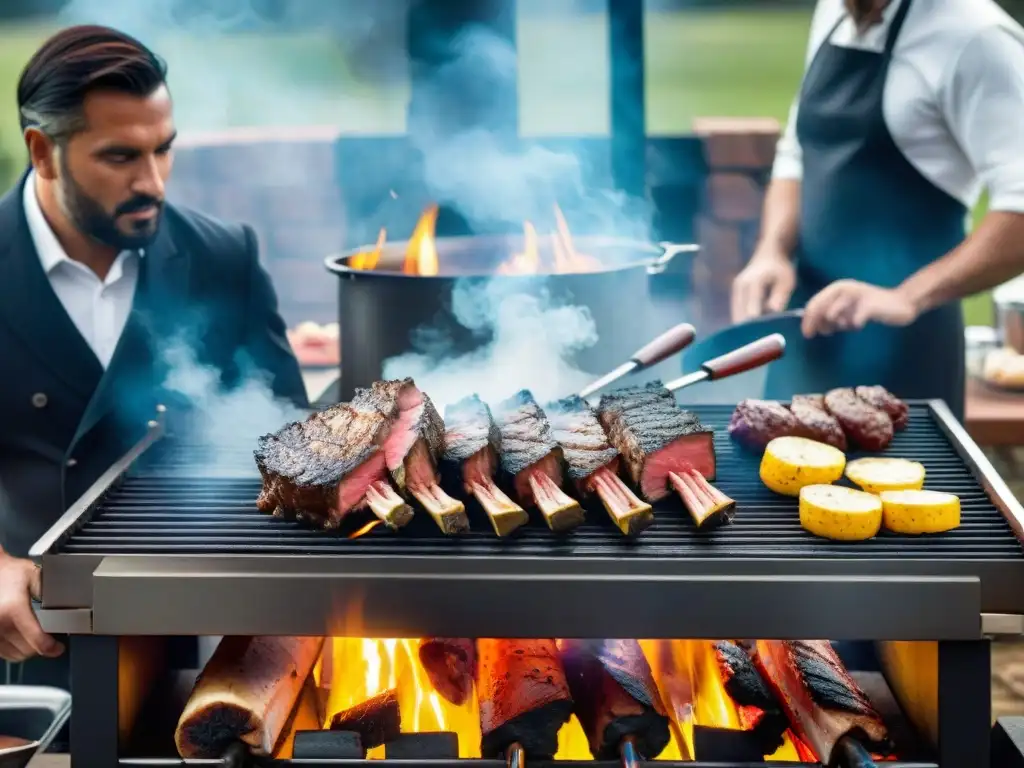 Una escena de asado uruguayo fusionando tradición con tecnología en un entorno moderno