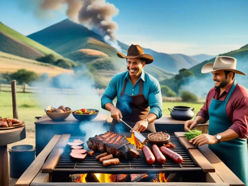 Una escena de asado uruguayo tradicional con gauchos y parrilla, Preparación asado según zona