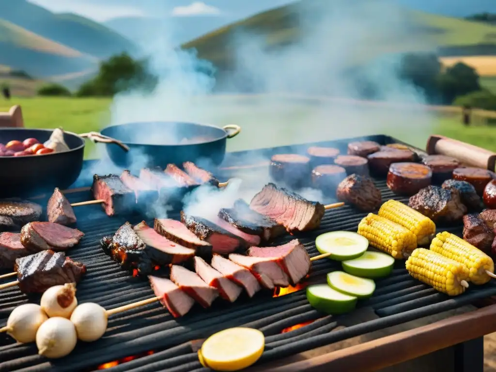 Escena de asado uruguayo tradicional con amigos y familia, carnes a la parrilla y paisaje rural