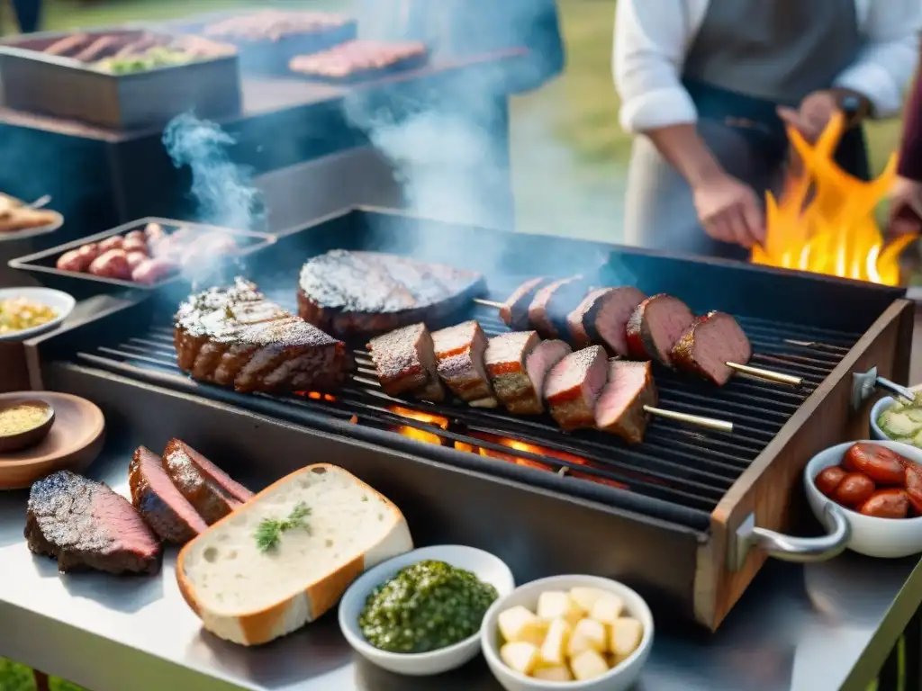 Una escena de asado uruguayo tradicional con variaciones en la parrilla y acompañamientos, en un ambiente festivo al aire libre