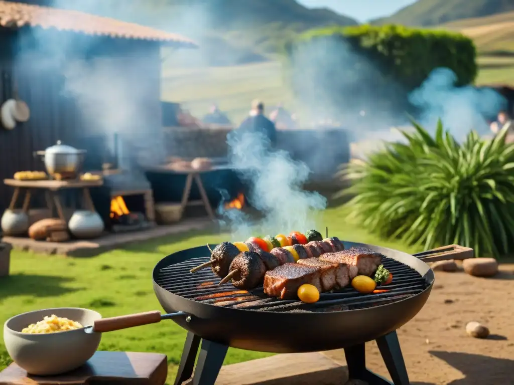 Una escena de asado uruguayo tradicional en alta resolución, destacando ingredientes y técnicas regionales