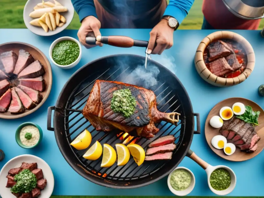 Escena de asado uruguayo tradicional: amigos riendo, carne en la parrilla y el campo verde al fondo