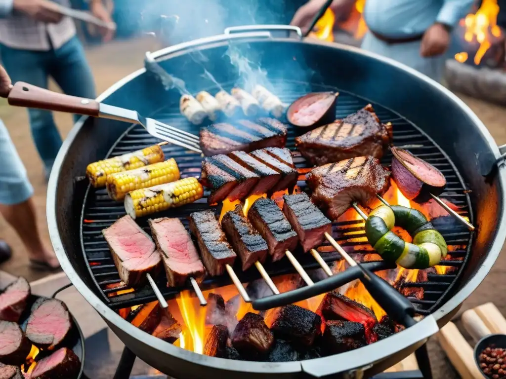 Una escena de asado uruguayo tradicional con amigos y familia alrededor de la parrilla, capturando la esencia de las técnicas de asado por región