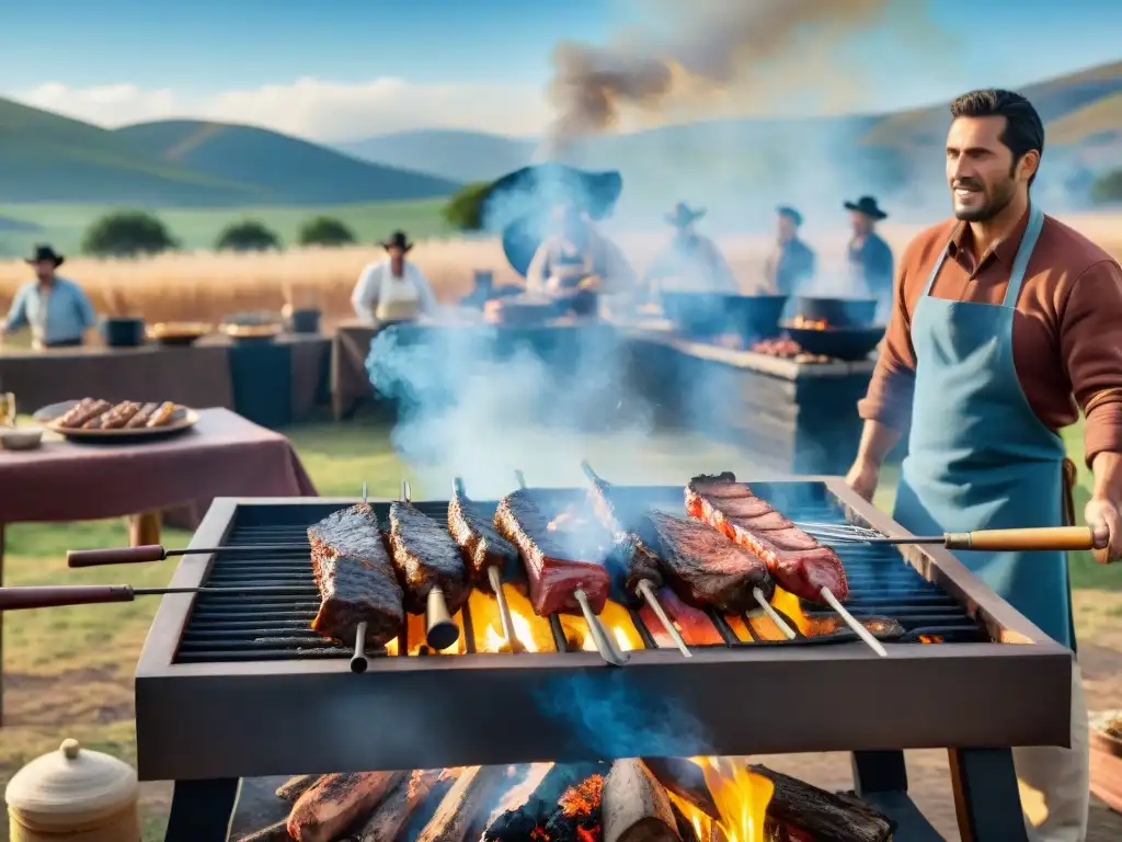 Una escena de asado uruguayo tradicional con gauchos expertos en certificaciones asado uruguayo maestría