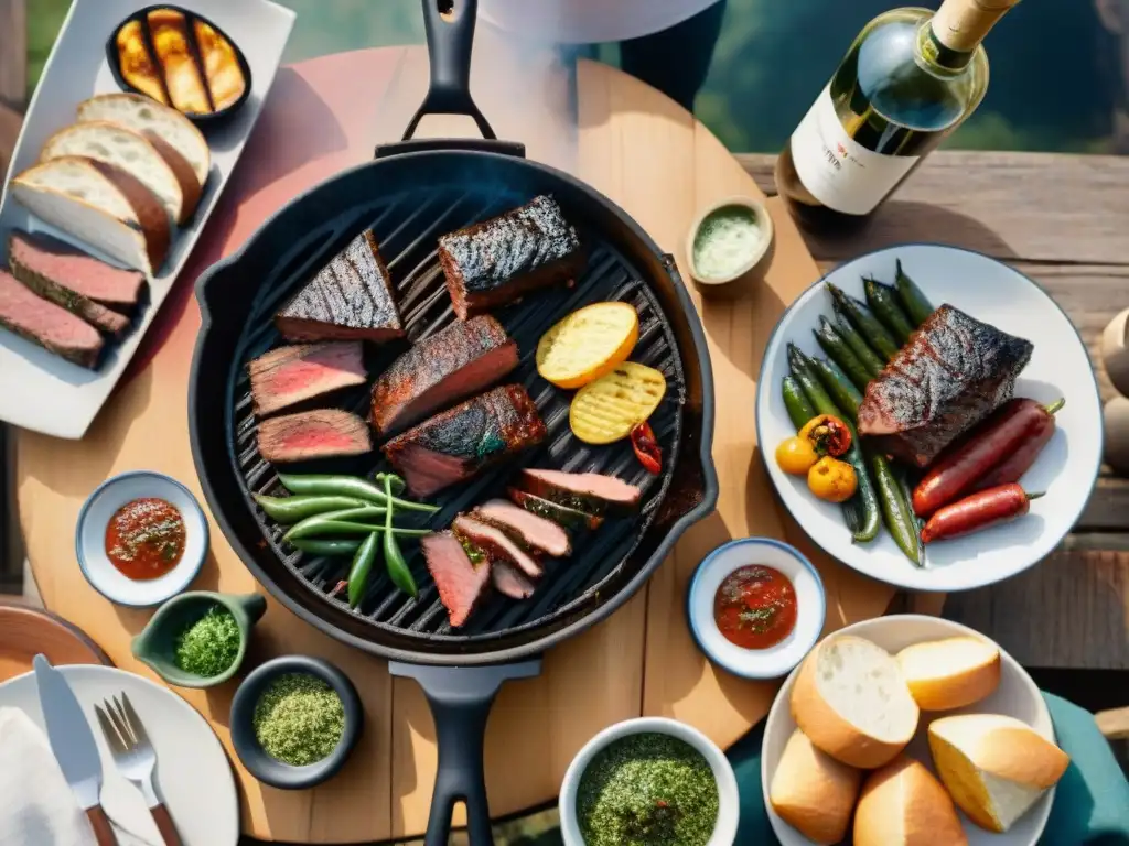 Una escena de asado uruguayo tradicional con parrilla llena de carnes cocinándose a la perfección al aire libre