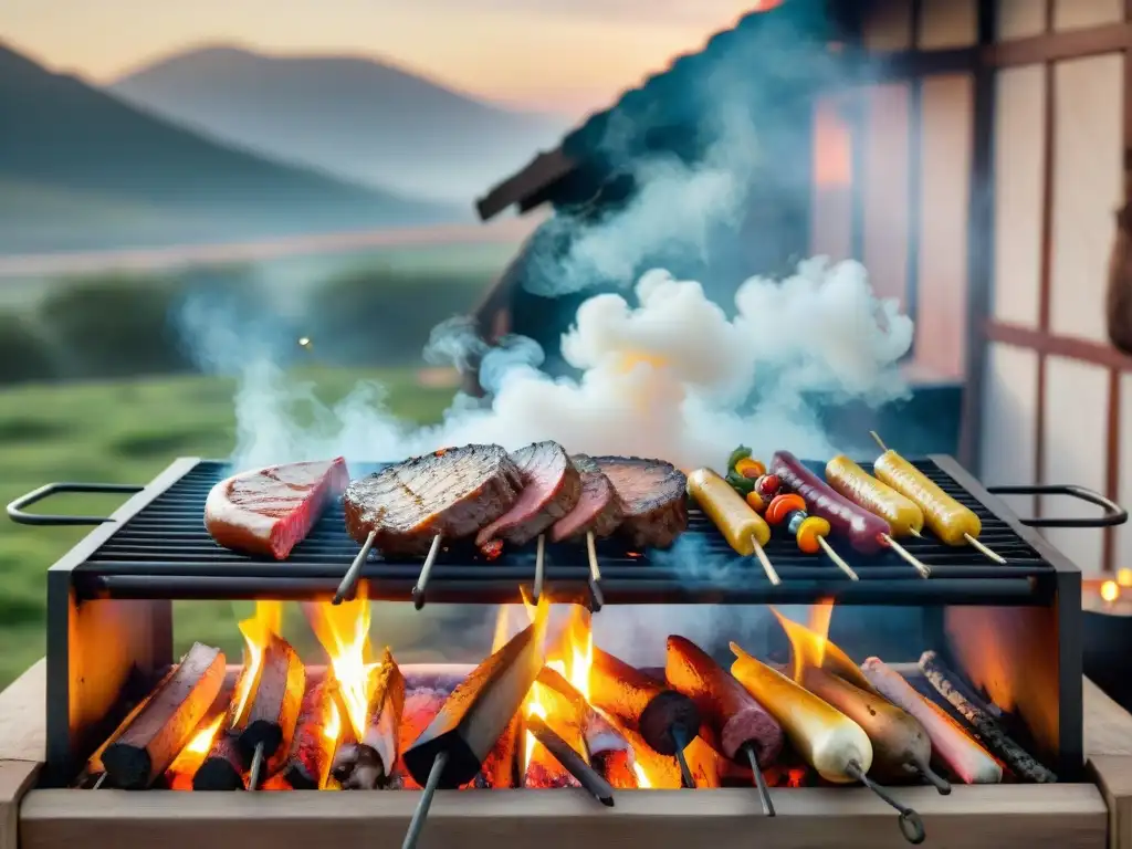 Una escena de asado uruguayo tradicional con gauchos y una parrilla llena de carnes a la parrilla, rodeada por un cálido atardecer dorado