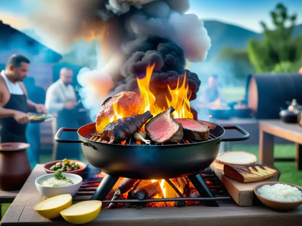 Una escena de asado uruguayo tradicional con amigos y familia al aire libre