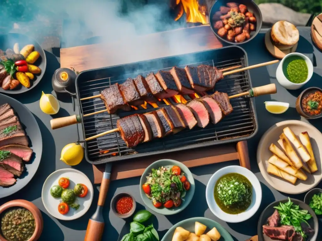 Una escena de asado uruguayo tradicional con amigos disfrutando de la comida y el vino al aire libre