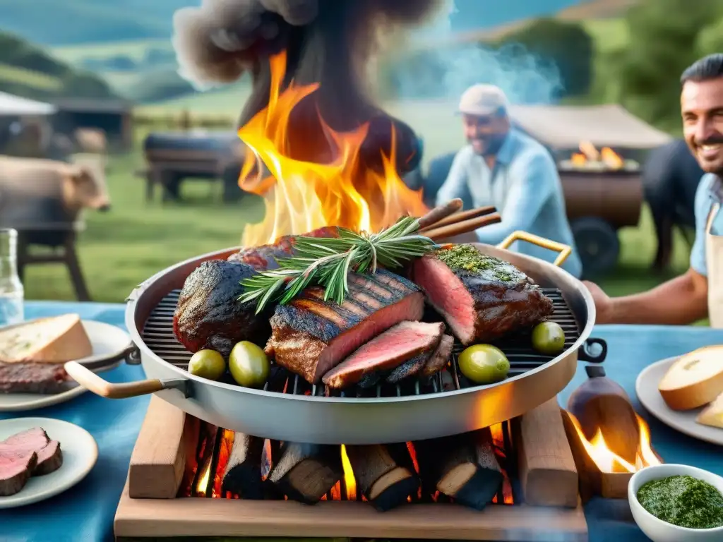 Una escena de asado uruguayo tradicional en el campo, con amigos y familia disfrutando de la comida