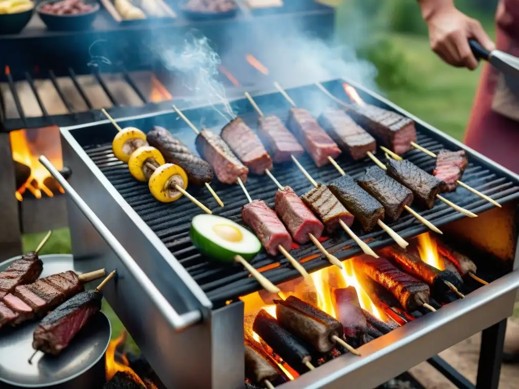 Escena de asado uruguayo tradicional con variedad de carnes y risas familiares en ambiente pintoresco al aire libre