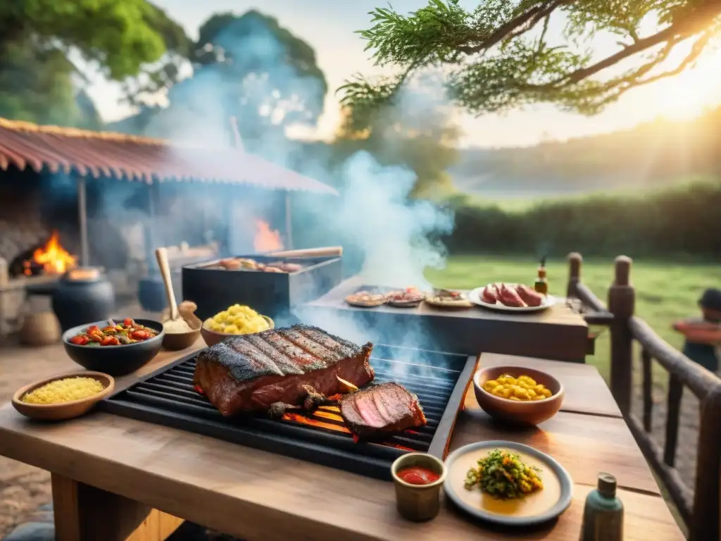 Una escena de asado uruguayo tradicional en el campo, con amigos y familia disfrutando juntos