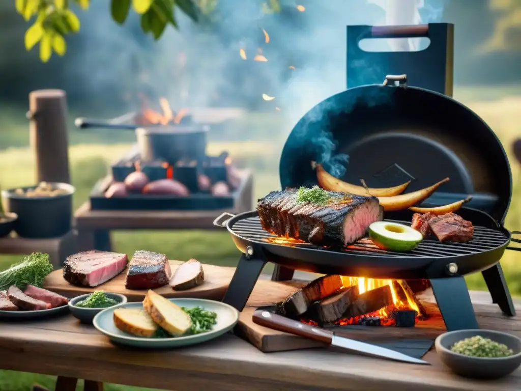 Delicioso asado uruguayo al aire libre Una escena de asado uruguayo tradicional al aire libre con una parrilla grande y diversos cortes de carne cocinándose sobre brasas calientes