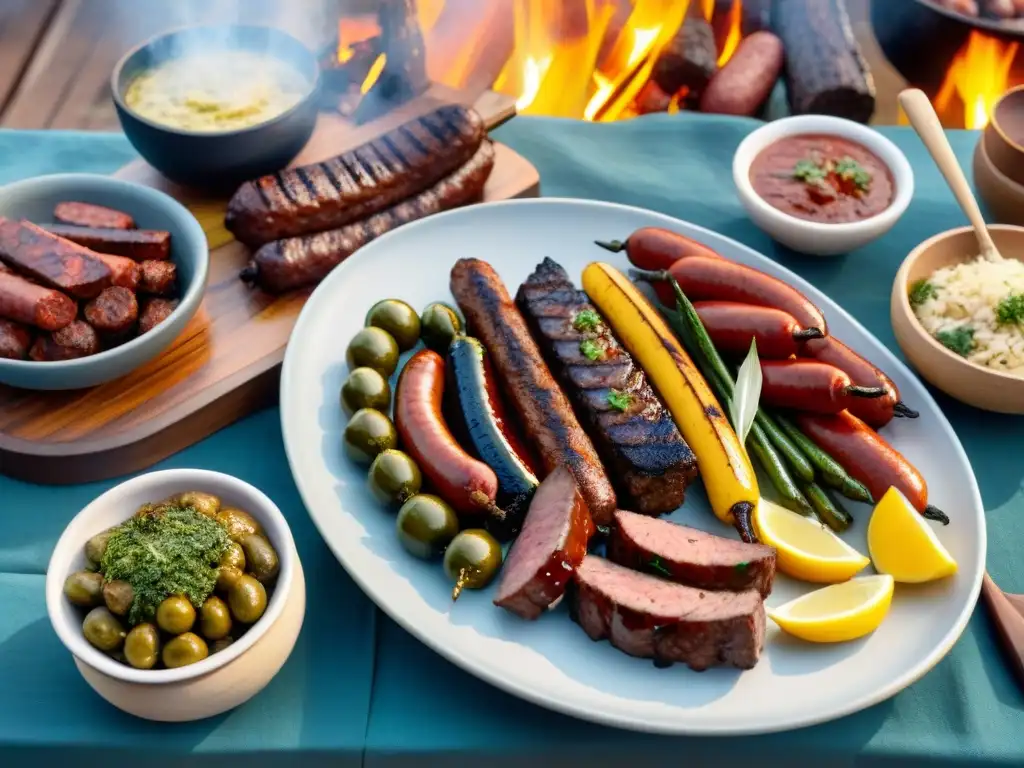 Escena de asado uruguayo tradicional con mesa rústica al aire libre, platos de carne y vegetales, bañados en luz dorada