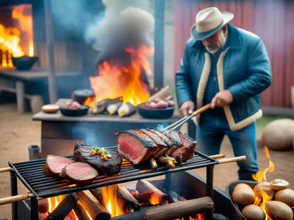 Escena de asado uruguayo tradicional con gauchos y parrilla, bañada en cálida luz dorada