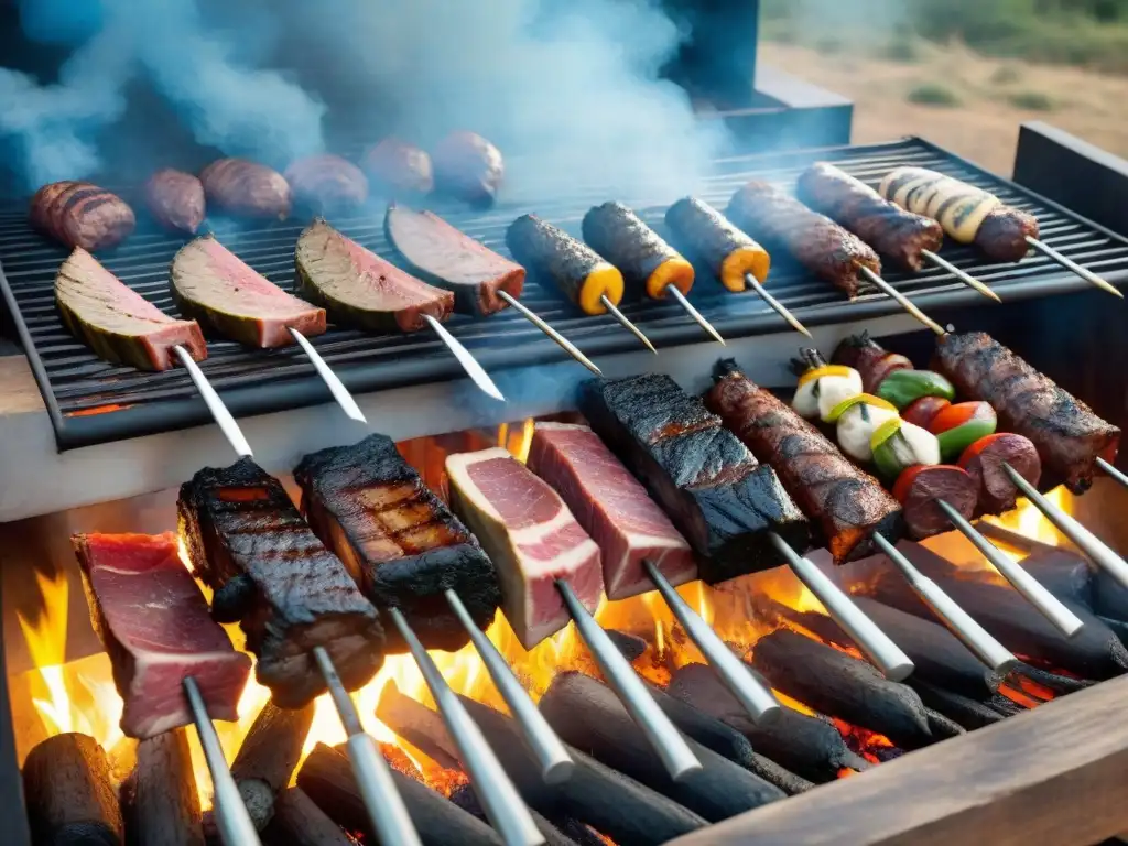 Una escena de asado uruguayo tradicional: carnes variadas sobre las brasas, condimentos y paisaje campestre