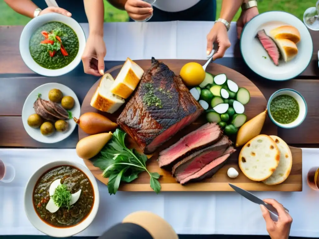 Una escena de asado uruguayo tradicional con mesa repleta de carnes a la parrilla, chimichurri y comensales felices bajo el sol