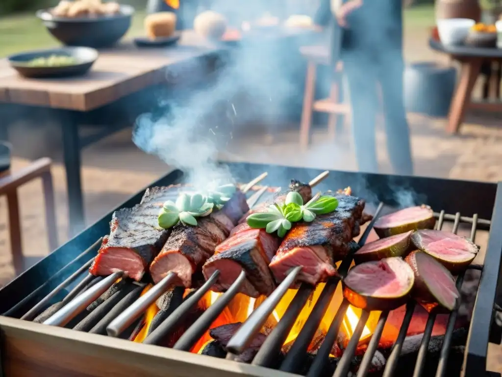 Una escena de asado uruguayo tradicional con una variedad de carnes suculentas sobre la parrilla, capturando la filosofía del asado uruguayo