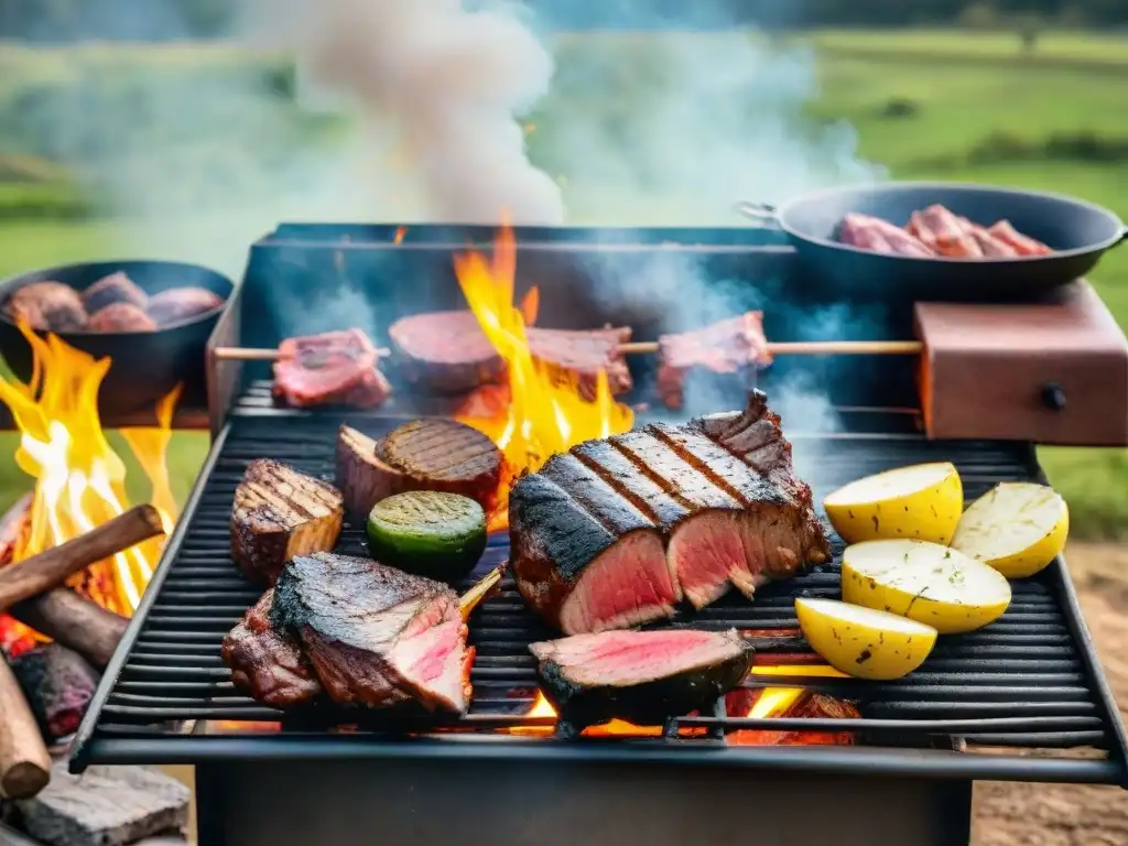 Una escena de asado uruguayo tradicional con gauchos y técnicas de asado uruguayo tradicionales