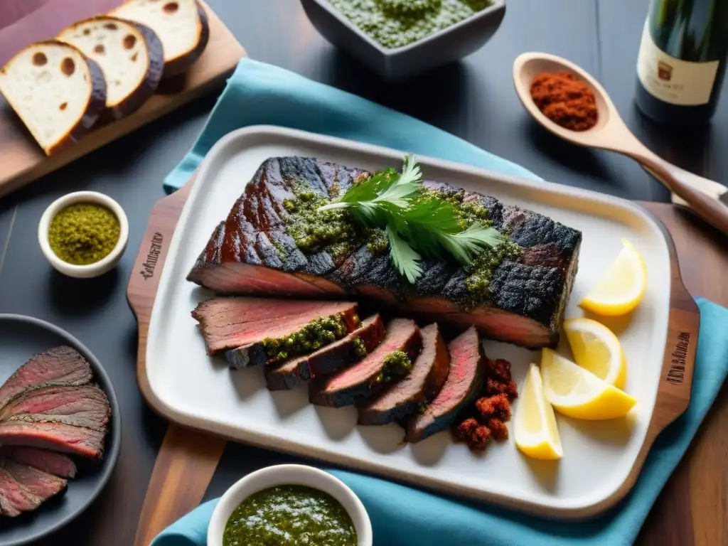 Una escena de asado uruguayo tradicional con variedad de carnes a la parrilla, chimichurri, vino Tannat y accesorios gauchos al atardecer