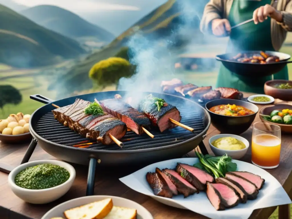 Una escena de asado uruguayo tradicional y moderno: amigos y familia alrededor de una parrilla con carne, en un paisaje campestre