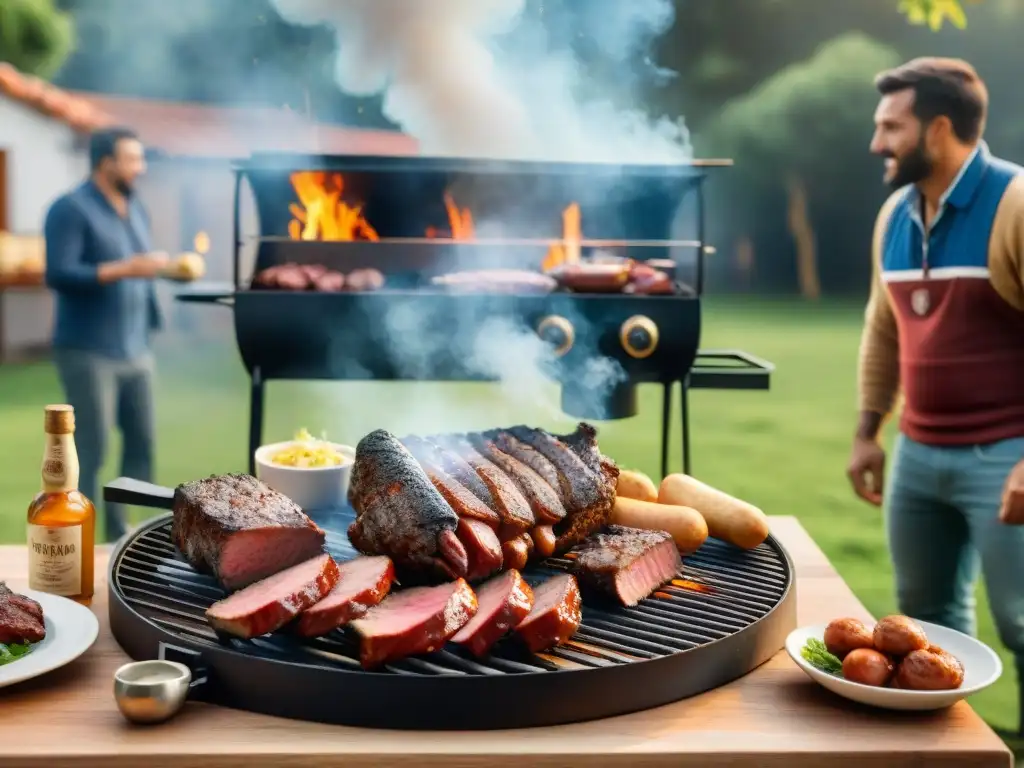 Una escena de asado uruguayo tradicional con personas de todas las edades disfrutando juntas al aire libre