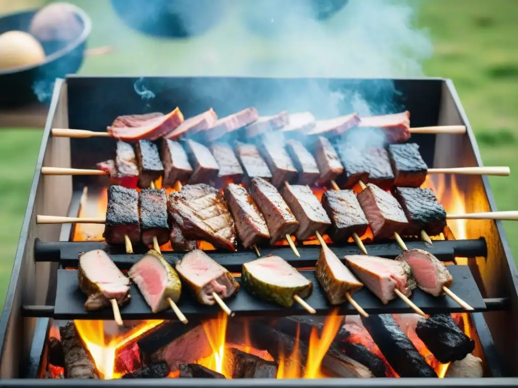 Escena de un asado uruguayo tradicional al aire libre, con amigos y familia disfrutando