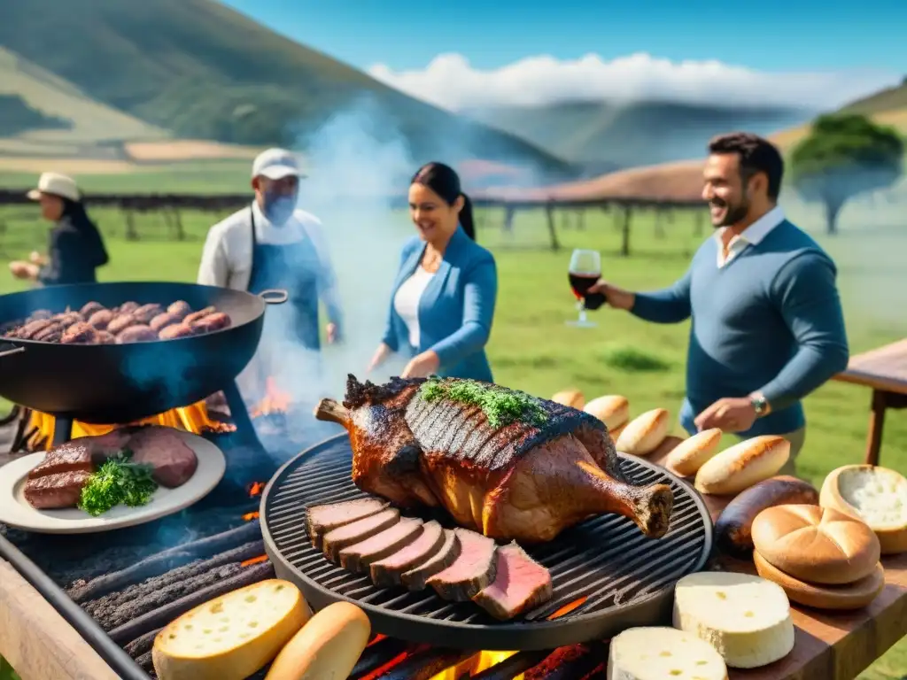 Una escena de asado uruguayo tradicional con amigos y familia en la campiña