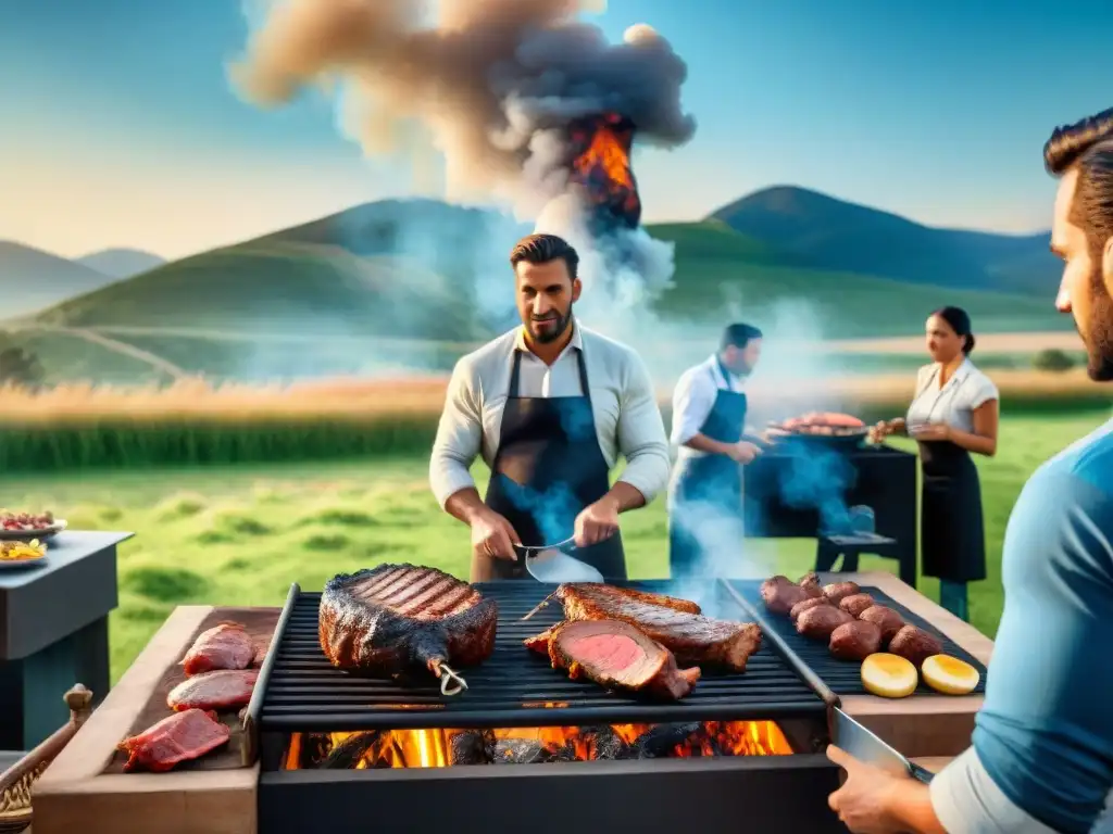 Escena de asado uruguayo tradicional en la naturaleza, con gauchos y gente en espera