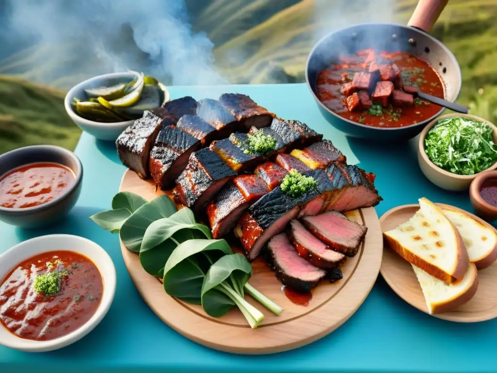 Una escena de un asado uruguayo tradicional con influencias en el sabor uruguayo: carnes a la parrilla, chimichurri y paisaje campestre