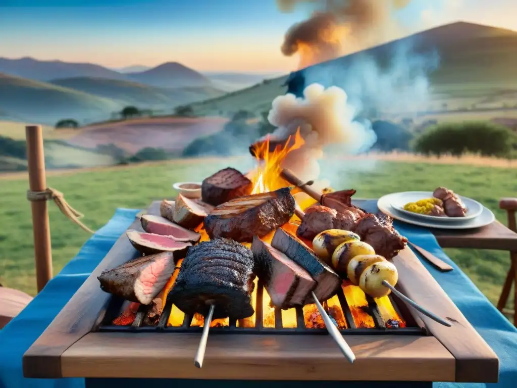 Una escena de asado uruguayo tradicional: parrilla con carne, gauchos, familia y amigos en el campo al atardecer