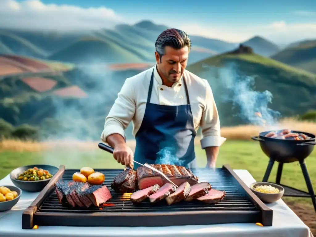 Una escena de asado uruguayo evolucionando de lo tradicional a lo sofisticado, con gauchos y carnes en una parrilla al aire libre