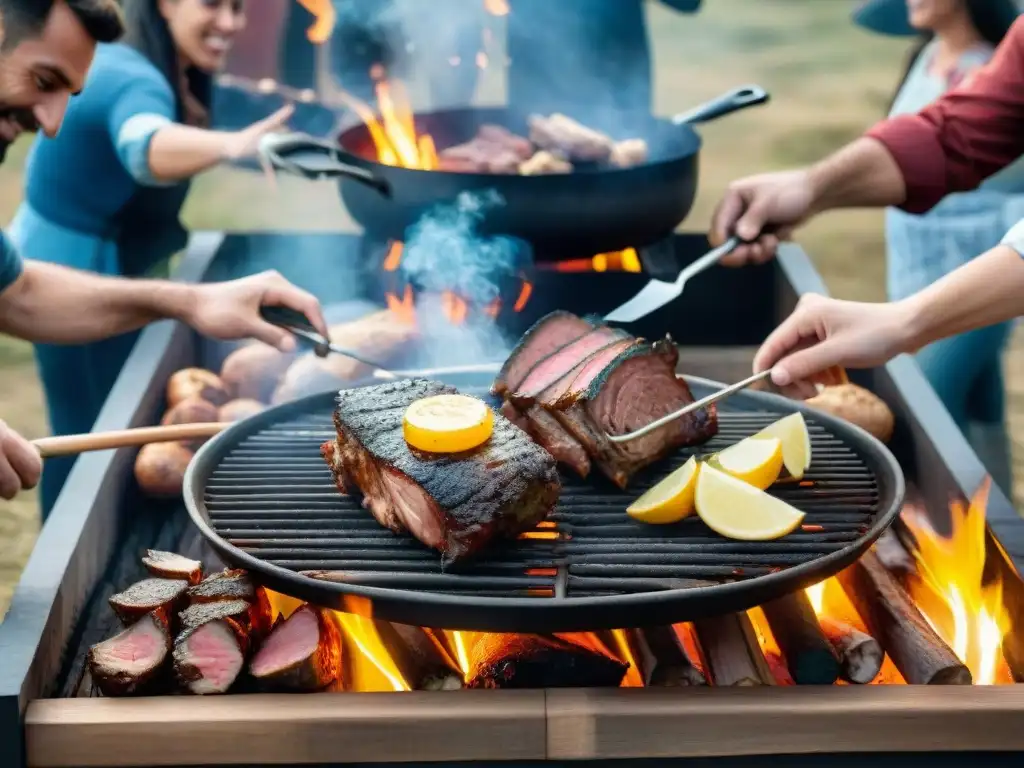 Escena de un asado uruguayo tradicional con amigos y familia, evocando la historia y evolución de la gastronomía