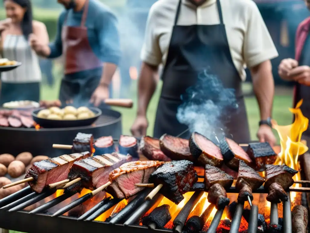 Una escena de asado uruguayo tradicional con influencias extranjeras, mostrando carnes asándose en la parrilla y personas sonrientes disfrutando