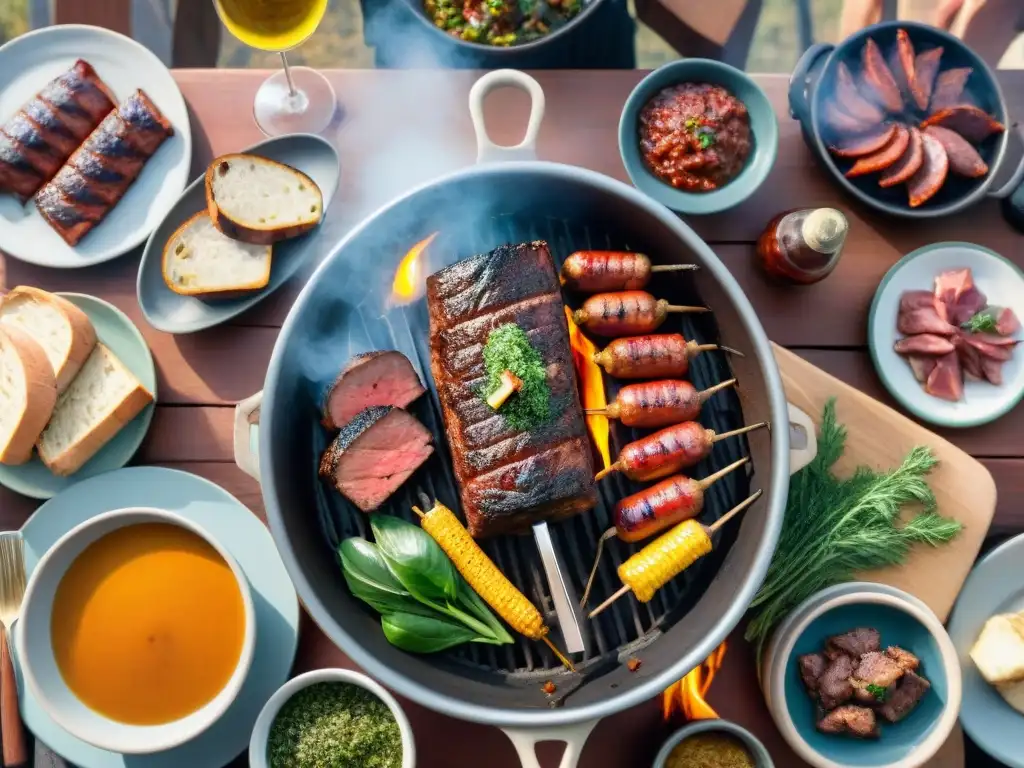 Una escena de asado uruguayo tradicional con amigos, vino Tannat y deliciosas carnes a la parrilla