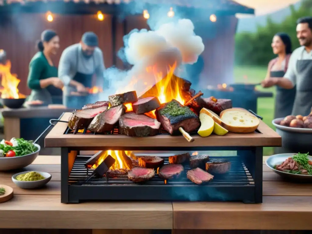 Una escena de asado uruguayo tradicional con un grupo de personas diversas alrededor de la parrilla, evocando historia, migración y comunidad