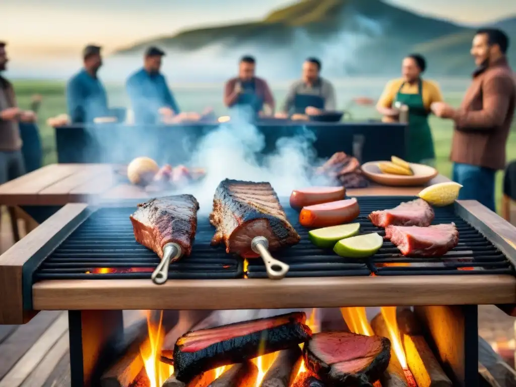 Una escena de asado uruguayo tradicional detallada y realista con historia de migración y unión cultural