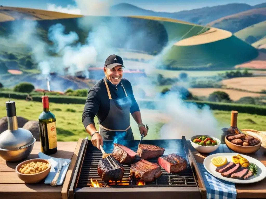 Una escena de asado uruguayo tradicional con amigos y familia disfrutando la comida en el campo uruguayo