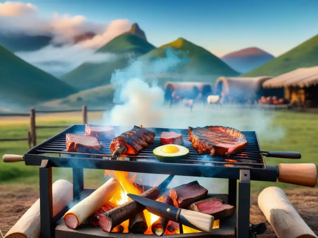 Una escena de asado uruguayo tradicional con gauchos y técnicas avanzadas en el campo