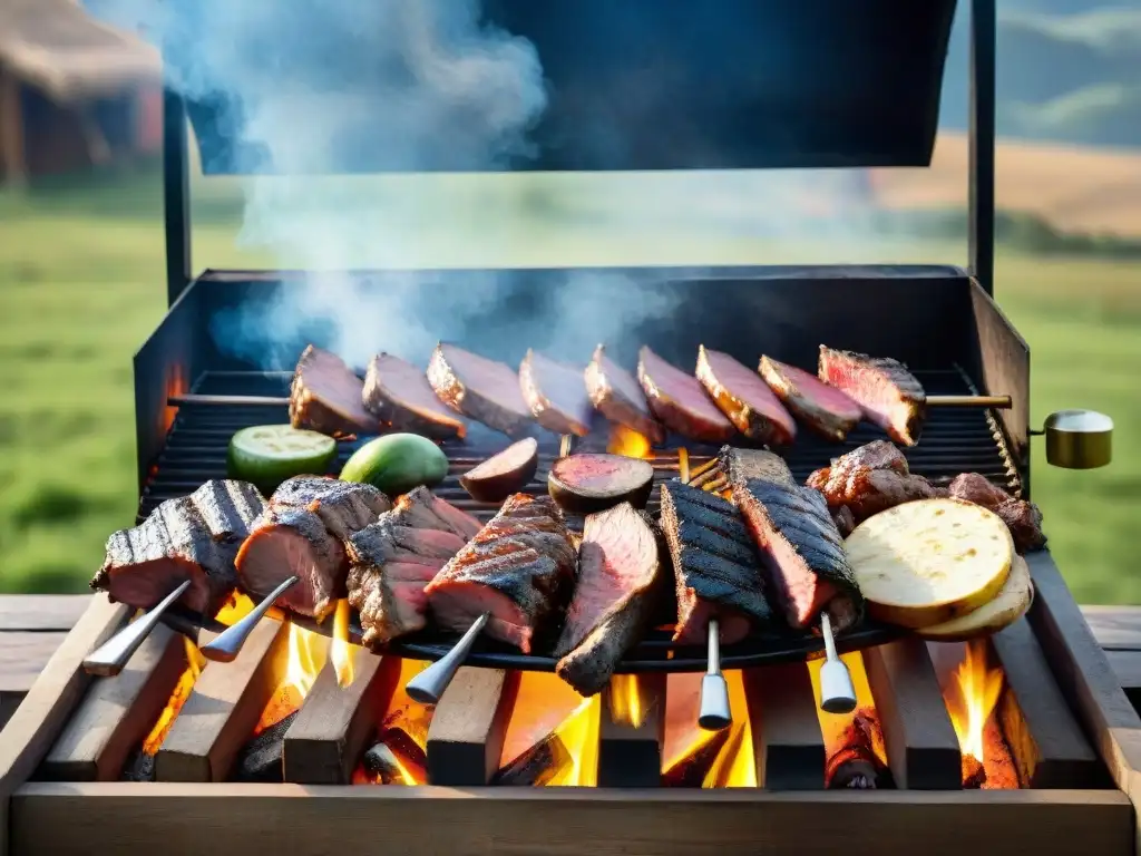 Escena de asado uruguayo tradicional con cortes de carne sobre brasas, enmarcada en un paisaje campestre