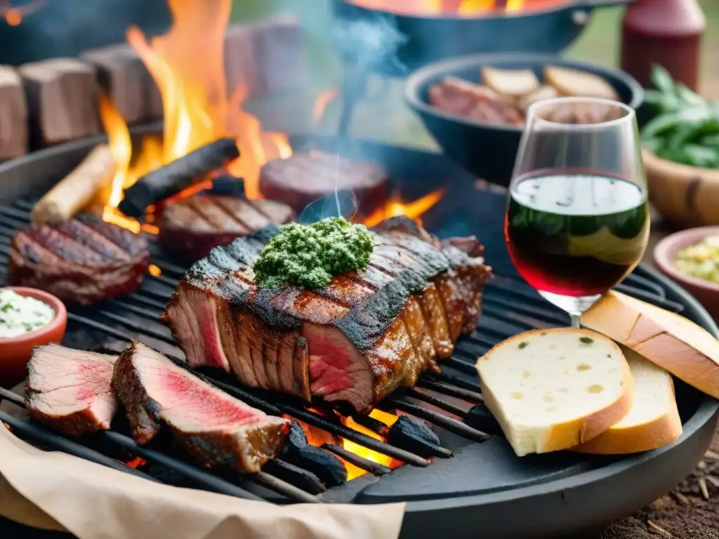 Escena de asado uruguayo tradicional con cortes de carne, chimichurri, vino Tannat y gauchos