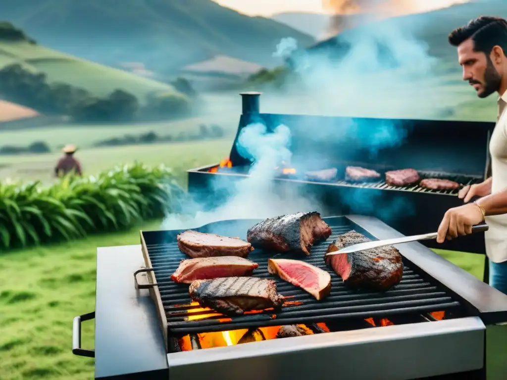 Una escena de asado uruguayo tradicional al aire libre con amigos y familiares disfrutando, rodeados de naturaleza