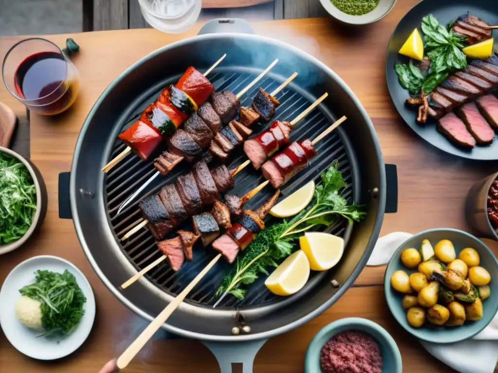 Una escena de asado uruguayo tradicional: amigos y familia alrededor de una parrilla con carnes, chimichurri y vino Tannat