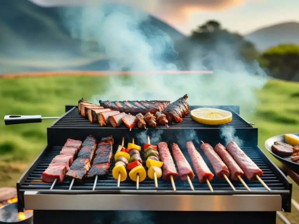 Una escena de asado uruguayo tradicional con variedad de carnes en la parrilla sobre brasas, rodeada de personas y un paisaje campestre