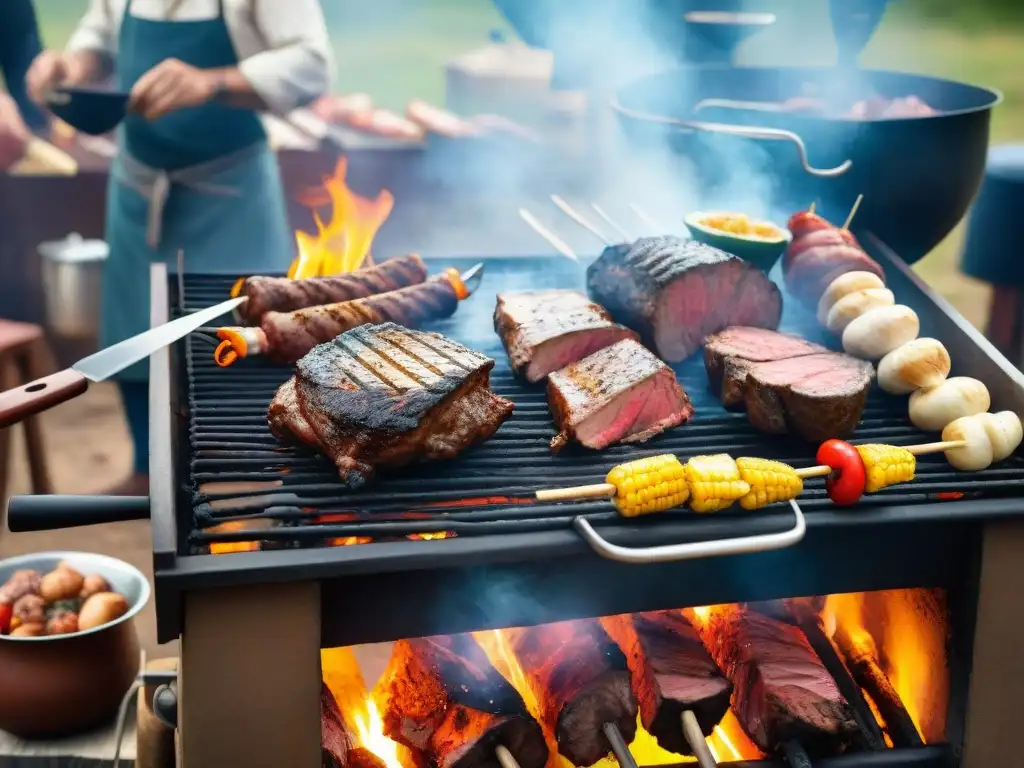 Escena de asado uruguayo tradicional con amigos y familia alrededor de la parrilla, capturando la historia del asado uruguayo tradicional