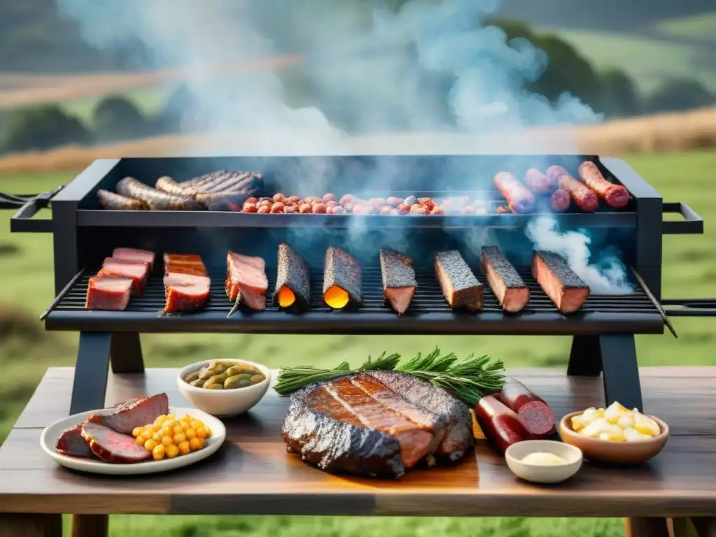 Una escena de asado uruguayo tradicional con gauchos, carne a la parrilla y paisaje campestre